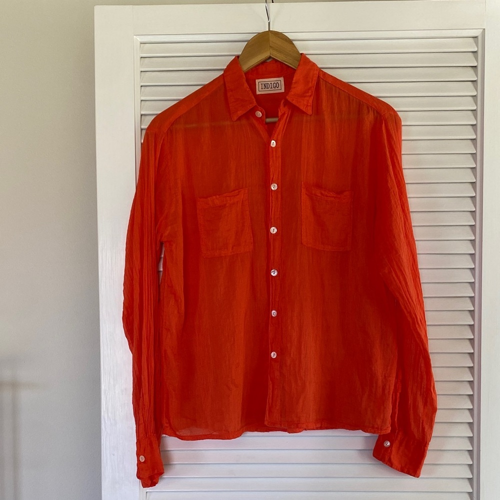 INDIGO Bright Poppy Orange Breezy Indian Cotton Button Down Top